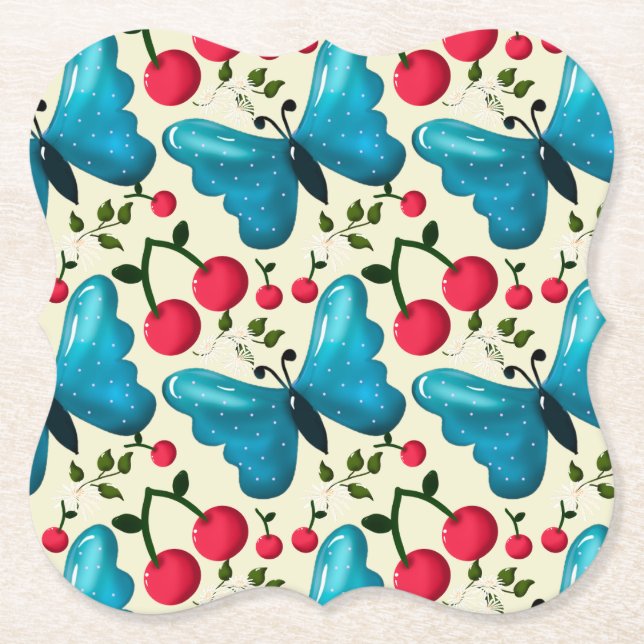 Cute Cherry Butterfly Pattern, Glossy Kawaii Fruit Paper Coaster (Front)