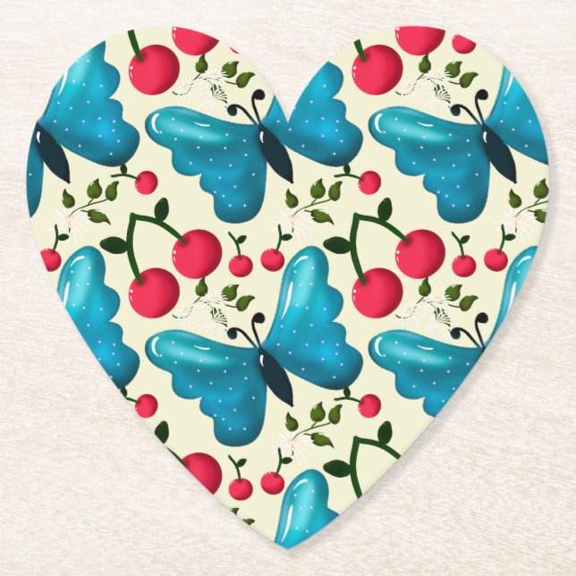 Cute Cherry Butterfly Pattern, Glossy Kawaii Fruit Paper Coaster (Front)
