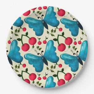 Cute Cherry Butterfly Pattern, Glossy Kawaii Fruit Paper Plates