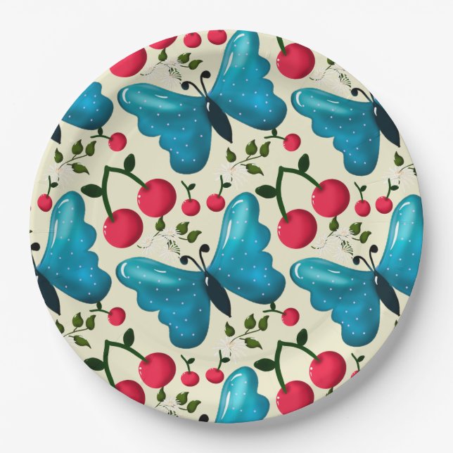 Cute Cherry Butterfly Pattern, Glossy Kawaii Fruit Paper Plates (Front)