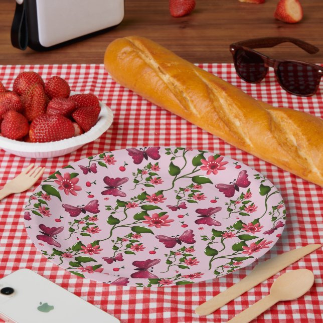 Cute Cherry Butterfly Pattern, Glossy Kawaii Fruit Paper Plates (Picnic)