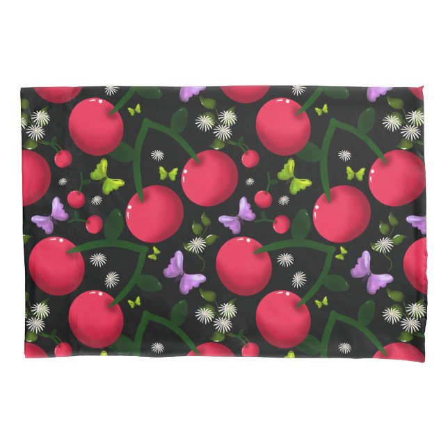 Cute Cherry Butterfly Pattern, Glossy Kawaii Fruit Pillow Case (Front)