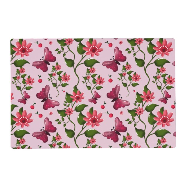 Cute Cherry Butterfly Pattern, Glossy Kawaii Fruit Placemat (Front)
