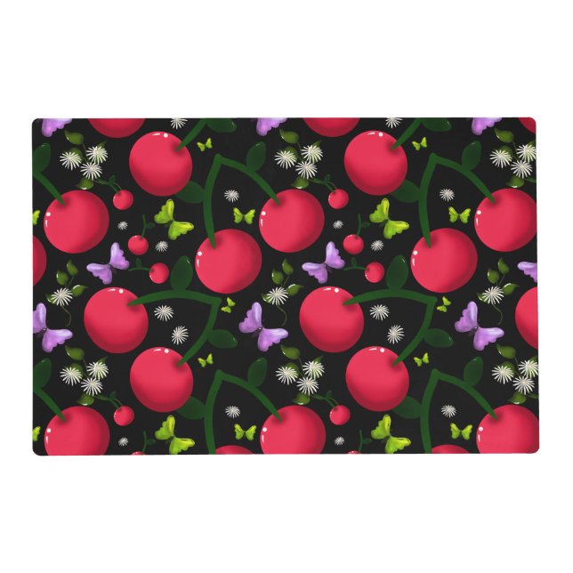 Cute Cherry Butterfly Pattern, Glossy Kawaii Fruit Placemat (Front)