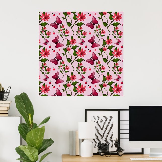 Cute Cherry Butterfly Pattern, Glossy Kawaii Fruit Poster (Home Office)