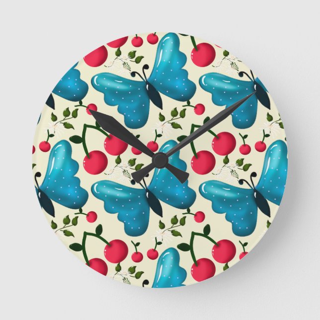 Cute Cherry Butterfly Pattern, Glossy Kawaii Fruit Round Clock (Front)