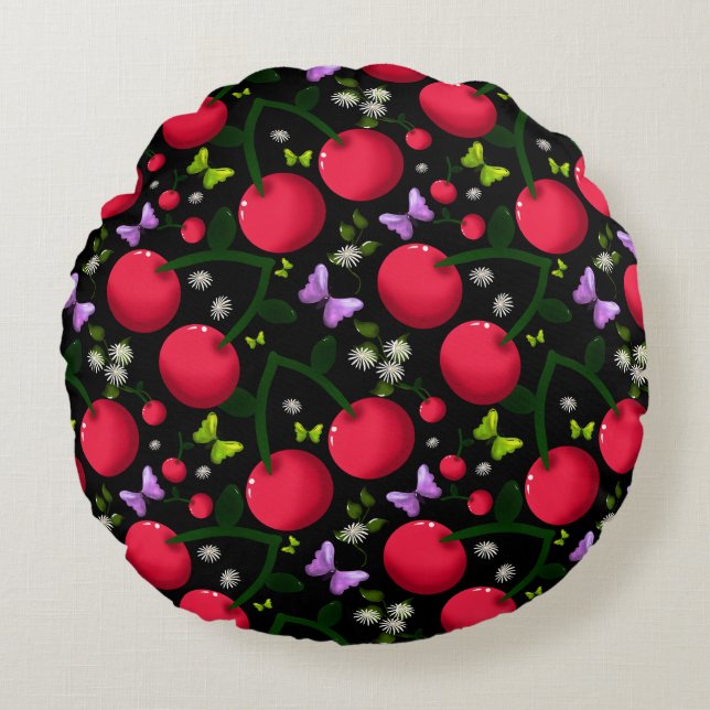 Cute Cherry Butterfly Pattern, Glossy Kawaii Fruit Round Pillow (Front)