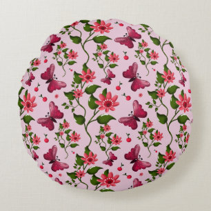 Cute Cherry Butterfly Pattern, Glossy Kawaii Fruit Round Pillow