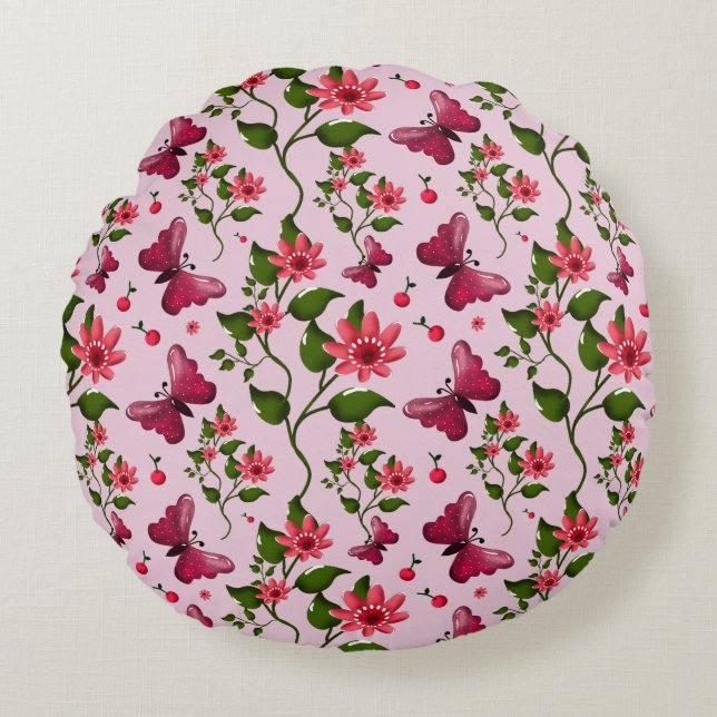 Cute Cherry Butterfly Pattern, Glossy Kawaii Fruit Round Pillow (Front)