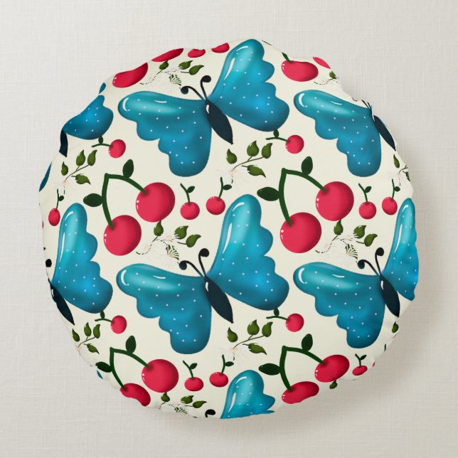 Cute Cherry Butterfly Pattern, Glossy Kawaii Fruit Round Pillow (Back)