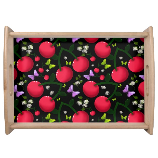 Cute Cherry Butterfly Pattern, Glossy Kawaii Fruit Serving Tray (Front)