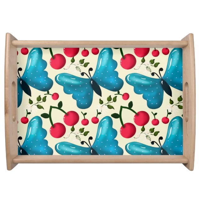 Cute Cherry Butterfly Pattern, Glossy Kawaii Fruit Serving Tray (Front)