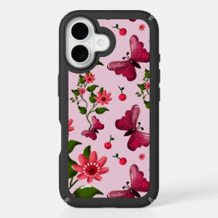 Cute Cherry Butterfly Pattern, Glossy Kawaii Fruit iPhone 16 Case