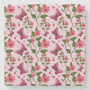 Cute Cherry Butterfly Pattern, Glossy Kawaii Fruit Stone Coaster