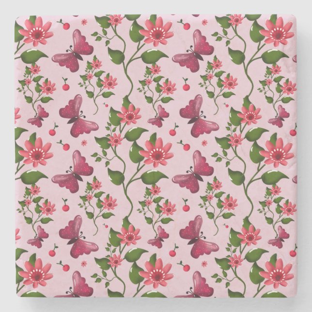 Cute Cherry Butterfly Pattern, Glossy Kawaii Fruit Stone Coaster (Front)