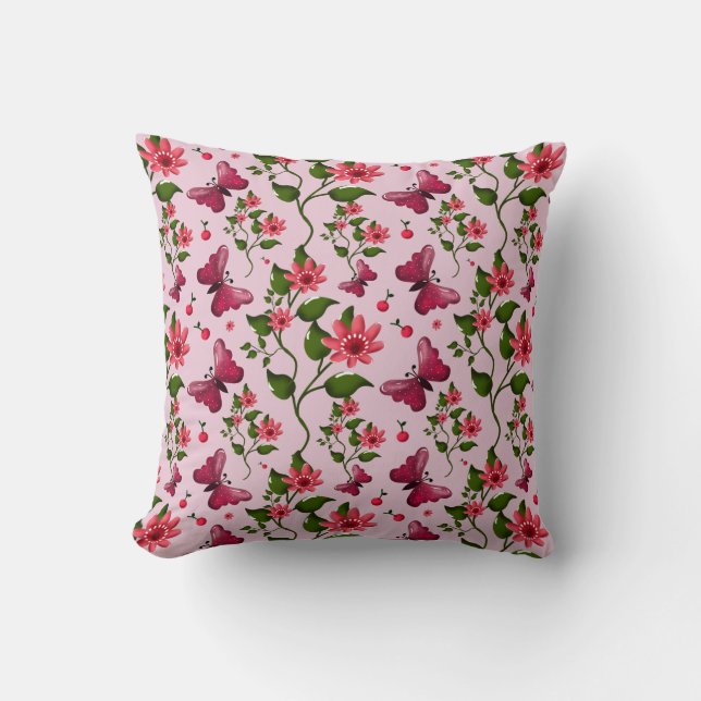 Cute Cherry Butterfly Pattern, Glossy Kawaii Fruit Throw Pillow (Front)