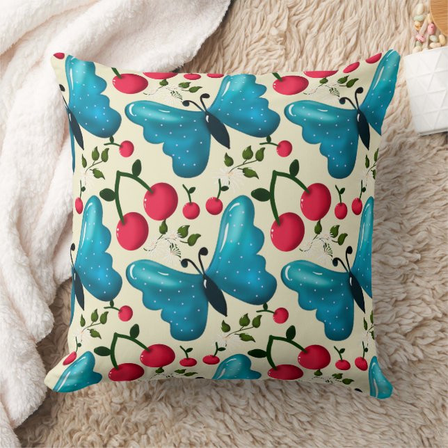 Cute Cherry Butterfly Pattern, Glossy Kawaii Fruit Throw Pillow (Blanket)