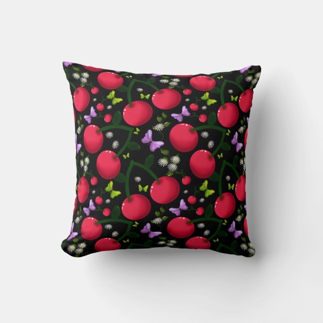 Cute Cherry Butterfly Pattern, Glossy Kawaii Fruit Throw Pillow (Front)