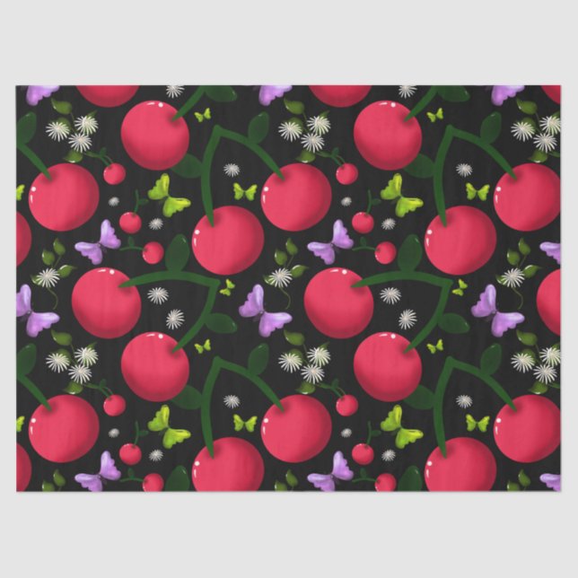 Cute Cherry Butterfly Pattern, Glossy Kawaii Fruit Tissue Paper (Front)