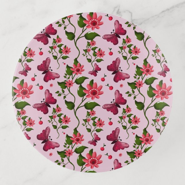 Cute Cherry Butterfly Pattern, Glossy Kawaii Fruit Trinket Tray (Front)