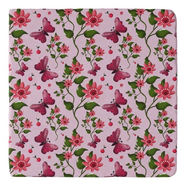 Cute Cherry Butterfly Pattern, Glossy Kawaii Fruit Trivet (Front)