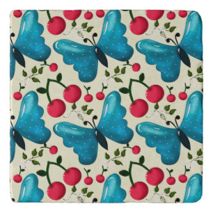 Cute Cherry Butterfly Pattern, Glossy Kawaii Fruit Trivet