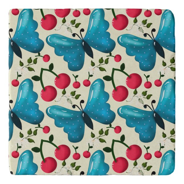 Cute Cherry Butterfly Pattern, Glossy Kawaii Fruit Trivet (Front)