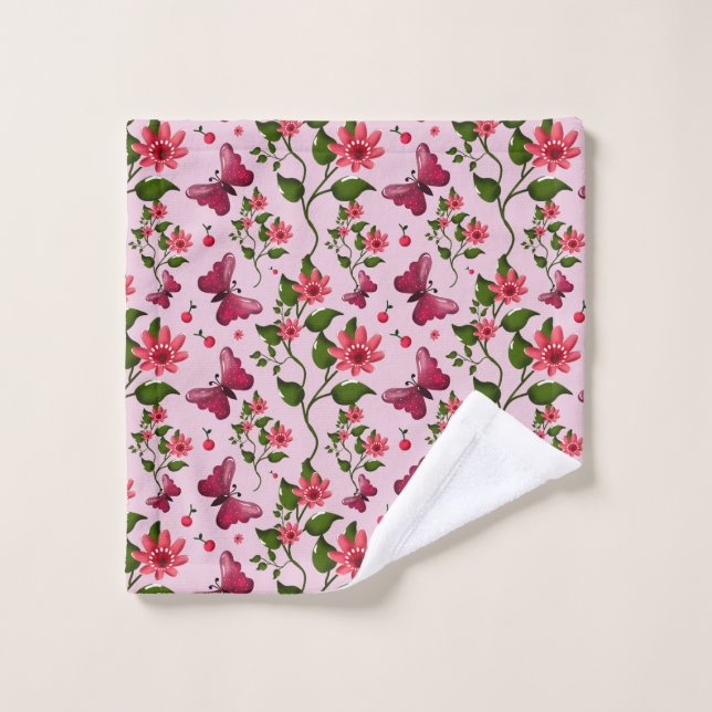 Cute Cherry Butterfly Pattern, Glossy Kawaii Fruit Wash Cloth (Wash Cloth)