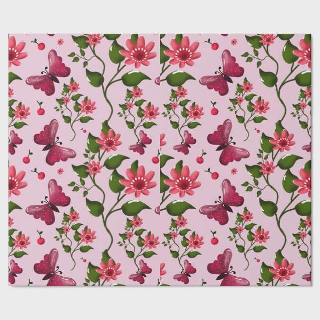 Cute Cherry Butterfly Pattern, Glossy Kawaii Fruit Wrapping Paper (Seam)