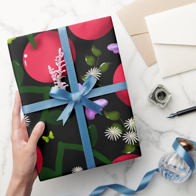 Cute Cherry Butterfly Pattern, Glossy Kawaii Fruit Wrapping Paper (Gifting)