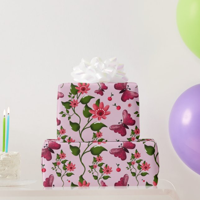 Cute Cherry Butterfly Pattern, Glossy Kawaii Fruit Wrapping Paper (Party Gifts)