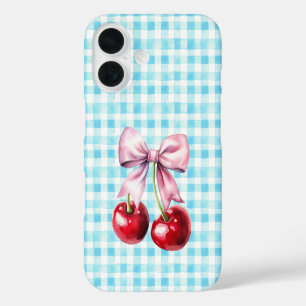 Cute Cherry Coquette Bow Blue Gingham  iPhone 16 Case