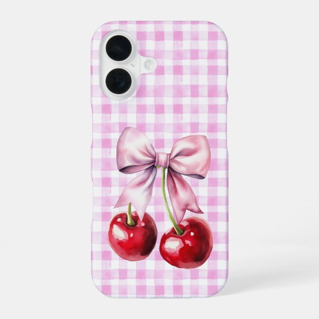 Cute Cherry Coquette Bow Pink Gingham  Iphone Case (Back)