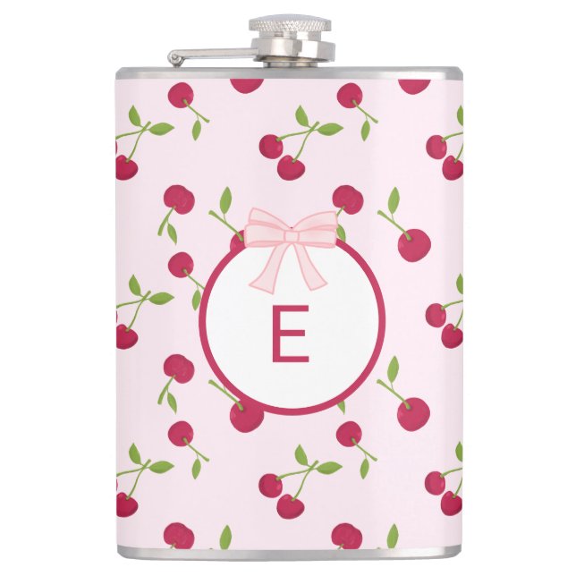 Cute Cherry Coquette Pink Custom Monogram Flask (Front)
