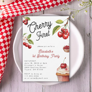 Cute Cherry First 1st Girly Birthday Invitation
