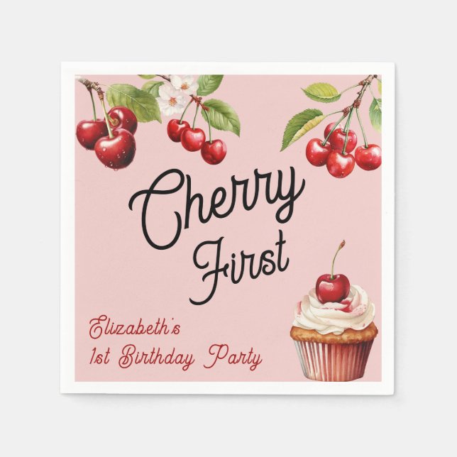 Cute Cherry First 1st Girly Birthday Pink Napkins (Front)