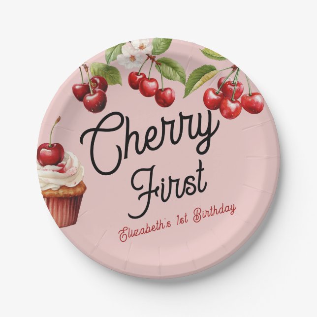 Cute Cherry First 1st Girly Birthday Pink Paper Plates (Front)