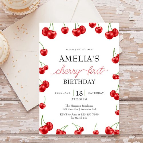 Cute Cherry Girl Berry First Birthday Party  Invitation