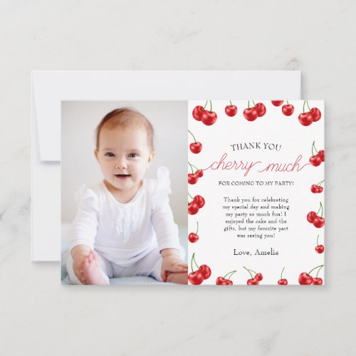 Cute Cherry Girl Berry First Birthday party photo Thank You Card