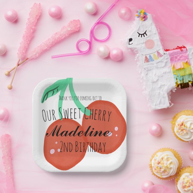 Cute Cherry Hand Drawn Sweet Birthday Red Paper Plates (Party)