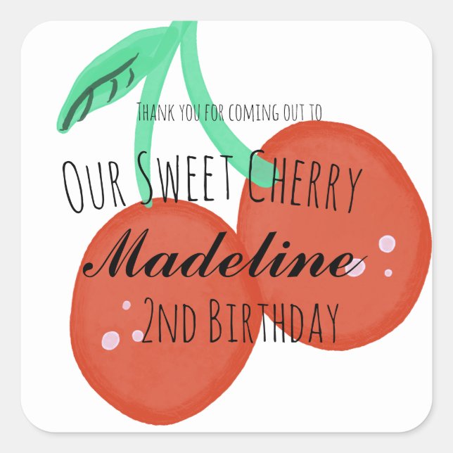 Cute Cherry Hand Drawn Sweet Birthday Red Square Sticker (Front)
