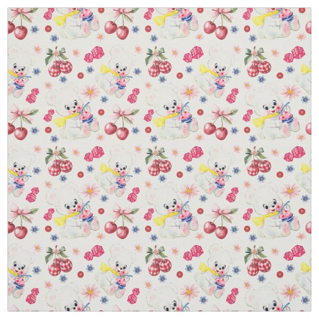 Cute Cherry Ice Cream Bear Fabric (Swatch)