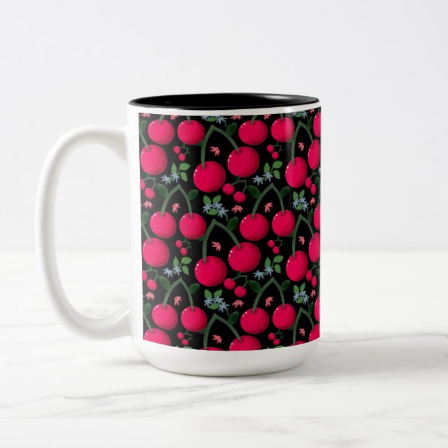Cute Cherry Pattern Aesthetic | Red Cherry Seamles Two-Tone Coffee Mug (Left)
