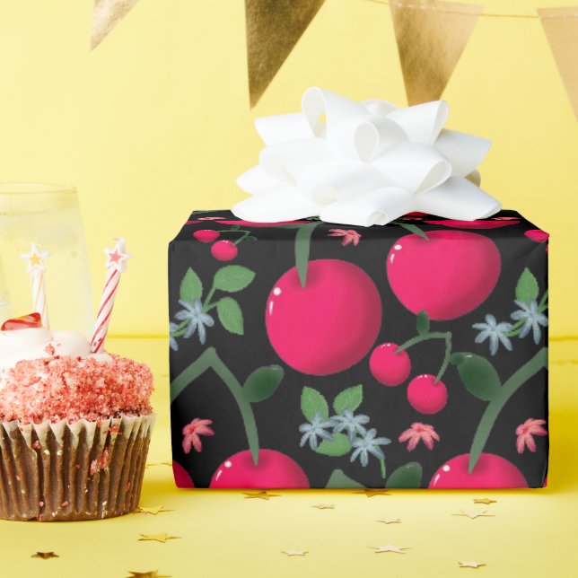 Cute Cherry Pattern Aesthetic | Red Cherry Seamles Wrapping Paper (Birthday Party)