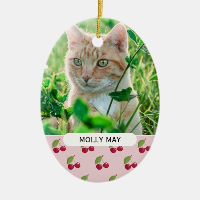 Cute Cherry Pattern Custom Cat Photo Personalised Ceramic Ornament (Front)