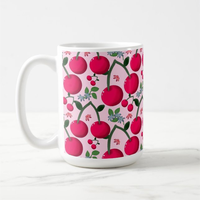 Cute Cherry  Pattern, Glossy Kawaii Fruit Coffee Mug (Left)