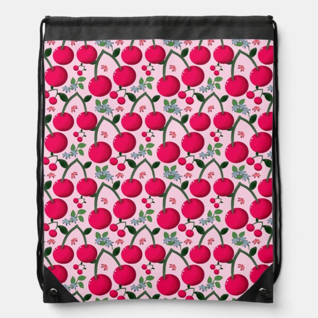 Cute Cherry  Pattern, Glossy Kawaii Fruit Drawstring Bag (Front)