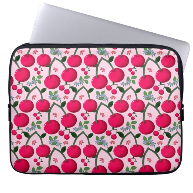 Cute Cherry  Pattern, Glossy Kawaii Fruit Laptop Sleeve (Front)