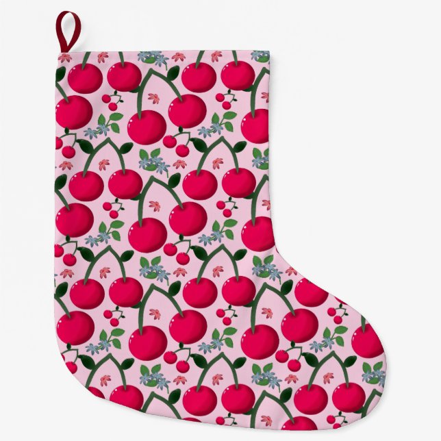 Cute Cherry  Pattern, Glossy Kawaii Fruit Large Christmas Stocking (Front)