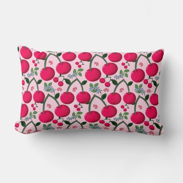 Cute Cherry  Pattern, Glossy Kawaii Fruit Lumbar Pillow (Front)
